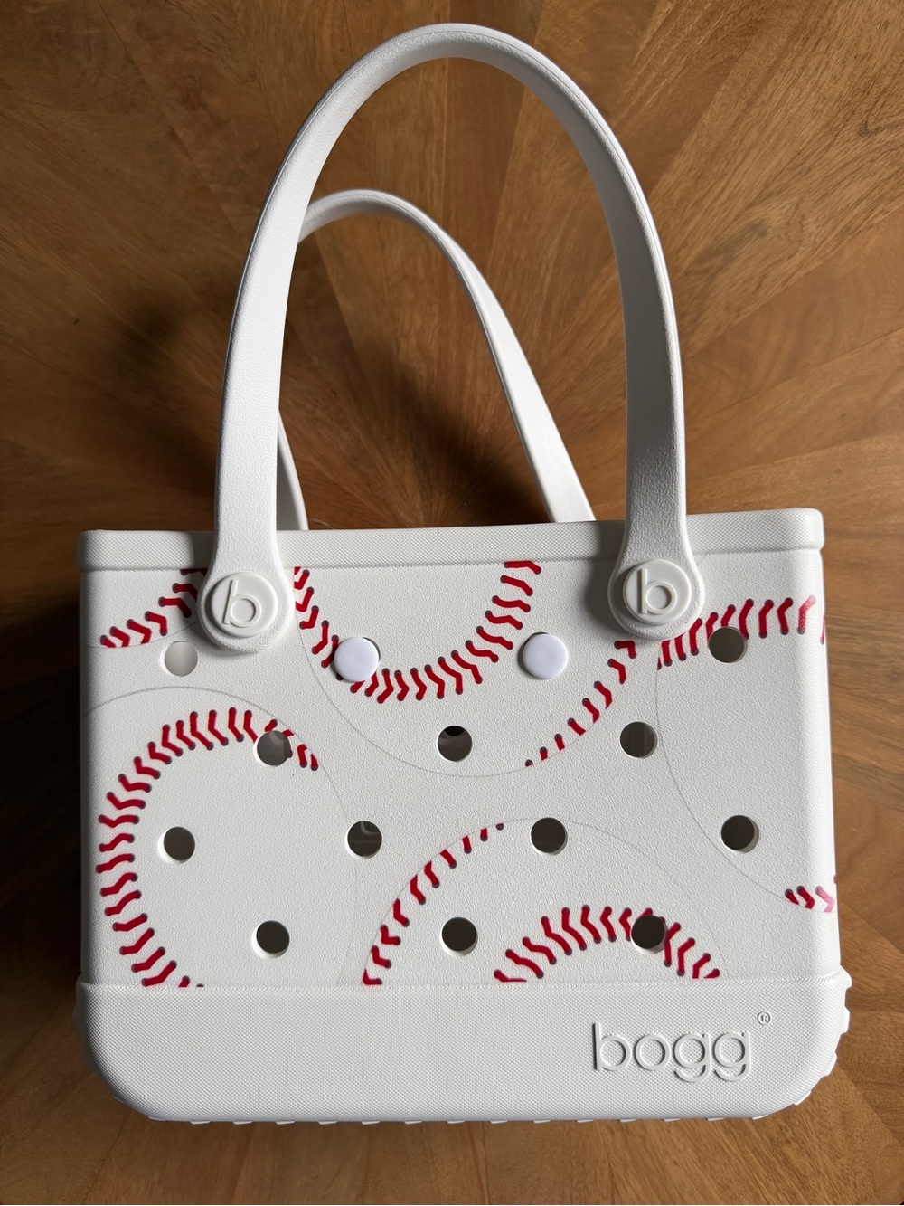 Bitty BOGG BAG White Tote with Red Baseball Stitch Accents
